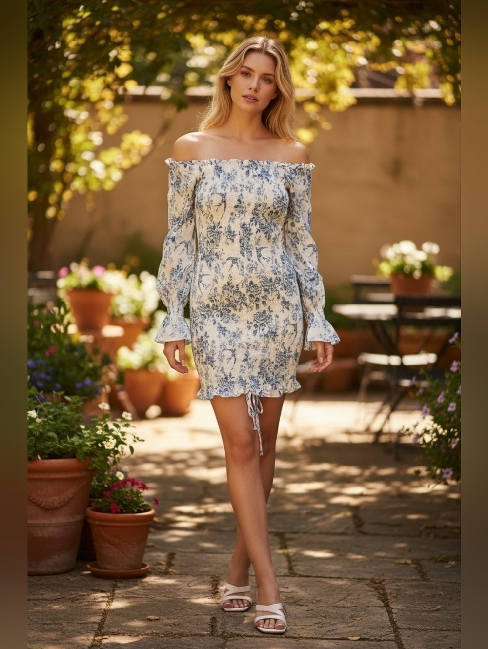 Off-Shoulder Blue Floral Mini Dress